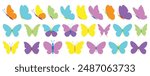 Butterfly collection. Transparent multicolor illustration. Colorful butterflies clipart set. Baby shower design elements. Party invitation, birthday celebration. Spring, summer decoration. Flock,decor