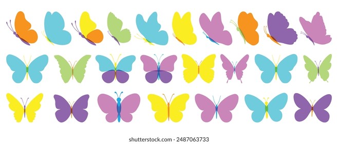 Butterfly collection. Transparent multicolor illustration. Colorful butterflies clipart set. Baby shower design elements. Party invitation, birthday celebration. Spring, summer decoration. Flock,decor