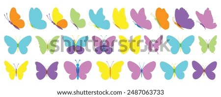 Butterfly collection. Transparent multicolor illustration. Colorful butterflies clipart set. Baby shower design elements. Party invitation, birthday celebration. Spring, summer decoration. Flock,decor
