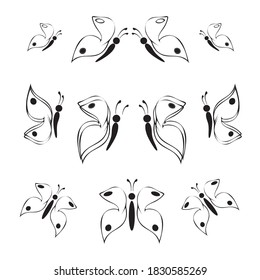 Butterfly collection - vector silhouette, set of black and white icons. sticker