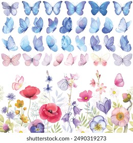 Butterfly collection. Watercolor illustration. Butterflies clipart set. Baby shower design elements. Party invitation, birthday celebration. Spring, summer decoration. Pink yellow color meadow flowers