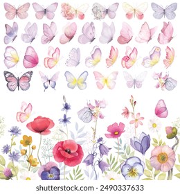 Butterfly collection. Watercolor illustration. Butterflies clipart set. Baby shower design elements. Party invitation, birthday celebration. Spring, summer decoration. Pink yellow color meadow flowers