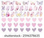 Butterfly collection. Watercolor illustration. Colorful Butterflies clipart set. Baby shower design elements. Party invitation, birthday celebration. Spring, summer decoration. Heart symbol color