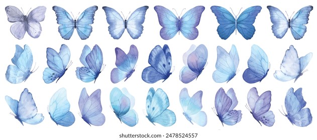 Butterfly collection. Watercolor illustration. Colorful Butterflies clipart set. Baby shower design elements. Party invitation, birthday celebration. Spring, summer decoration. Blue navy color vector