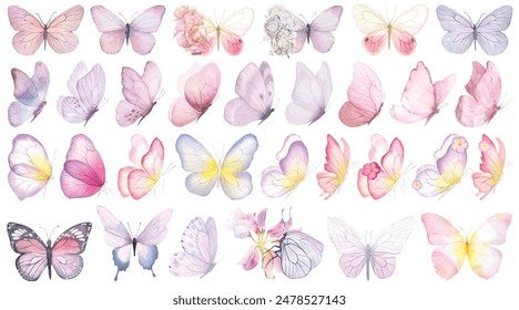 Butterfly collection. Watercolor illustration. Colorful Butterflies clipart set. Baby shower design elements. Party invitation, birthday celebration. Spring, summer decoration. Pink yellow red palette