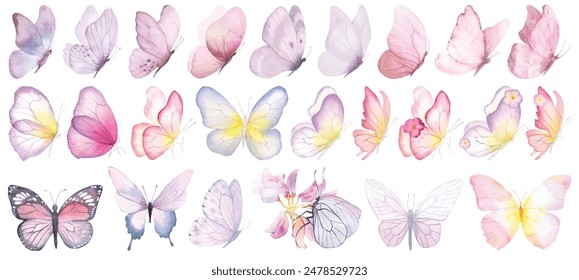 Butterfly collection. Watercolor illustration. Colorful Butterflies clipart set. Baby shower design elements. Party invitation, birthday celebration. Spring, summer decoration. Pink yellow red vector