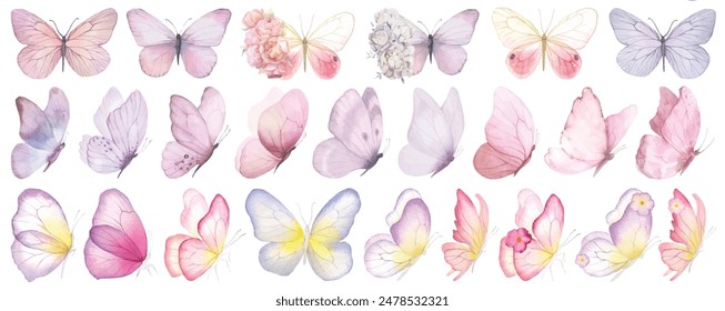 Butterfly collection. Watercolor illustration. Colorful Butterflies clipart set. Baby shower design elements. Party invitation, birthday celebration. Spring, summer decoration. Pink yellow red flowers