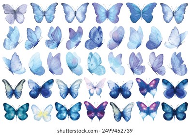 Butterfly collection. Watercolor illustration. Colorful Butterflies clipart set. Baby shower design elements. Party invitation, birthday celebration. Spring, summer decoration. Blue navy color palette