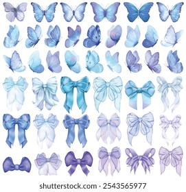 Butterfly collection. Watercolor illustration. Colorful Butterflies clipart set. Baby shower design elements. Party invitation, birthday celebration. Spring, summer decoration. Blue navy color vector