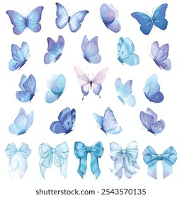 Butterfly collection. Watercolor illustration. Colorful Butterflies clipart set. Baby shower design elements. Party invitation, birthday celebration. Spring, summer decoration. Blue navy color vector