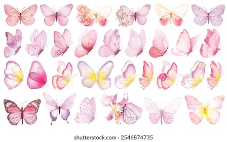Coleção de borboletas. Ilustração em aquarela. Conjunto de clipart de borboletas coloridas. Elementos de design de chuveiro de bebê. Convite de festa, celebração de aniversário. Decoração de primavera, verão. Rosa amarelo vermelho flores azuis