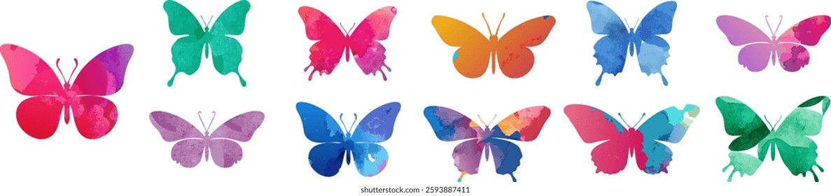 Butterfly collection. Watercolor illustration. Colorful Butterflies clipart set. Baby shower design elements. Party invitation, birthday celebration. Spring, summer decoration.