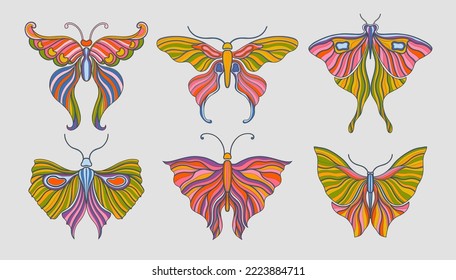 Nuevo arte de color mariposa. Estilo vintage 1920-1930. Diseño de elementos aislados en fondo blanco. Ilustración vectorial.