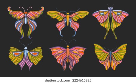 Butterfly color art nouveau. Vintage style 1920-1930. Elements design isolated in black background. Vector illustration.