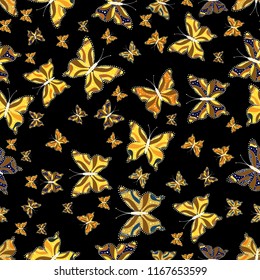 Butterfly. Color outline set of butterfly vector for web design isolated on black, brown and yellow background. Seamless.