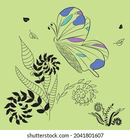 Butterfly with colored spots. Branches, leaves, blades of grass. Circuit. 