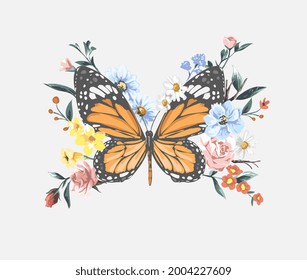 butterfly in colorful bouquet of flowers vector illustration