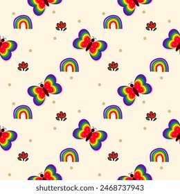 Butterfly colorful cartoon so cute. On rainbow flower background. Pattern seamless vector illustration. 
