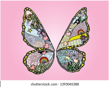 Butterfly colorful doodle mural with unicorn colors