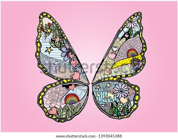 Butterfly colorful doodle mural with unicorn colors