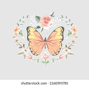 butterfly in colorful flowers wreath frame vector illustration