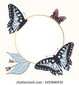 Butterfly colorful frame with leaves and flowers. Wedding decoration wreath with gorgeous moth. Vector isolated illustration. Exotic butterflies floral border. 