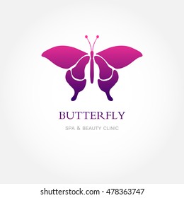 Butterfly colorful logo template. Abstract butterfly in pink and violet colors. Modern vector logotype design for beauty and spa salon, health and massage clinic, wedding photographer business cards.