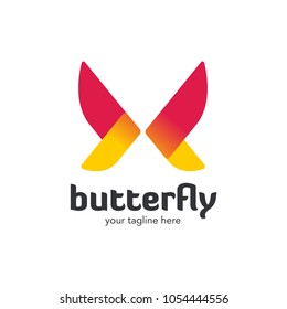 Butterfly colorful logo template with shadow on wings. Abstract butterfly shape in blue and violet colors. Beautiful modern vector butterfly icon design for business card, brand or identity.