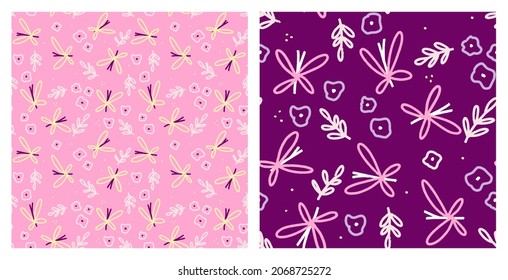 Moda de mariposa colorida sin costura direccional conjunto para las chicas ropa de verano o decoración de vivero estampado de tela. Resumen de insectos dibujados a mano y flores en colores alegres rosa, morado y amarillo. 