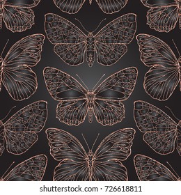 Butterfly. Colorful seamless pattern, background in rose gold colors on black background.