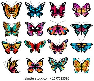 Butterfly. Colorful stylized butterflies with openwork wings, different summer flying insects. Romantic wedding card isolated vector cute decorative elements