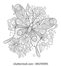 Butterfly Coloring Book For Adults Vector Illustration. Anti-stress Coloring For Adult. Tattoo Stencil. Zentangle Style. Black And White Lines. Lace Pattern