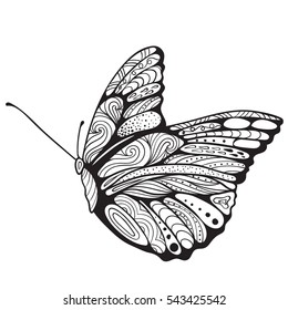 Butterfly coloring book for adults vector illustration. Anti-stress coloring for adult. Zentangle style. Black and white lines. Lace pattern
