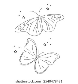 Livro de colorir borboleta antistress para crianças. Ilustração isolada em fundo branco. Desenho em preto e branco. Contorno de uma linda borboleta, rodeado por flores e folhas, coloração página 114