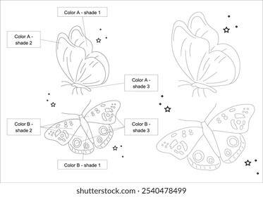 Livro de colorir borboleta antistress para crianças. Ilustração isolada em fundo branco. Desenho em preto e branco. Contorno de uma linda borboleta, rodeado por flores e folhas, colorindo página 113