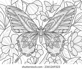 Butterfly coloring book. Sketch with tropical exotic insect with patterned wings in zen tangle style. Outline ntistress entertainment for kids and adults. Linear vector isolated on white background