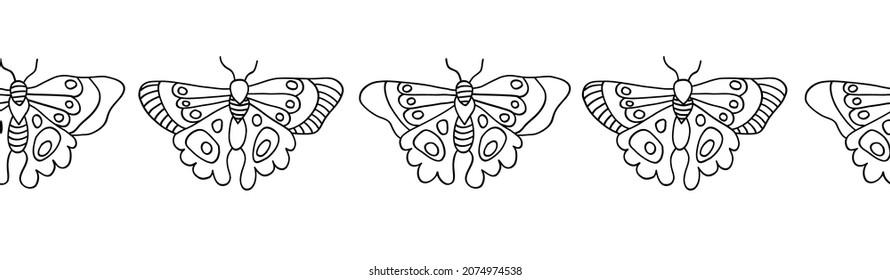 Butterfly coloring border. Seamless vector pattern horizontal black line art butterflies on a white background. Monochrome hand drawn design for coloring, kids decor, surface design, footer, header.