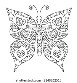 Butterfly. Coloring page for adults anti stress in zentangle style. Vector illustration isolated on white background. EPS10.