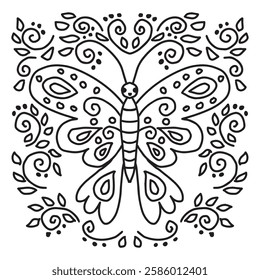 Butterfly coloring page for adults. Black and white illustration.