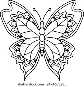 butterfly coloring page kids friendly simple line art cute flying insects with geometric flower mandala design pattern minimal clipart art KDP coloring interior