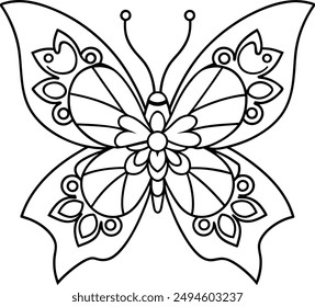 butterfly coloring page kids friendly simple line art cute flying insects with geometric flower mandala design pattern minimal clipart art KDP coloring interior