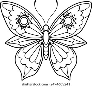 butterfly coloring page kids friendly simple line art cute flying insects with geometric flower mandala design pattern minimal clipart art KDP coloring interior