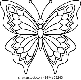 butterfly coloring page kids friendly simple line art cute flying insects with geometric flower mandala design pattern minimal clipart art KDP coloring interior