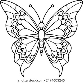 butterfly coloring page kids friendly simple line art cute flying insects with geometric flower mandala design pattern minimal clipart art KDP coloring interior