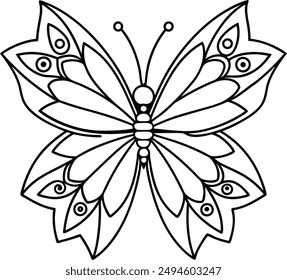 butterfly coloring page kids friendly simple line art cute flying insects with geometric flower mandala design pattern minimal clipart art KDP coloring interior