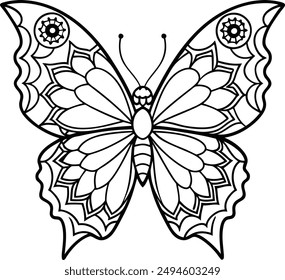 butterfly coloring page kids friendly simple line art cute flying insects with geometric flower mandala design pattern minimal clipart art KDP coloring interior