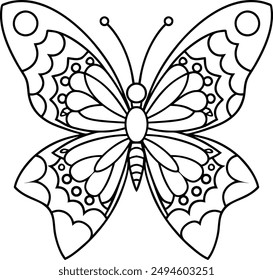 butterfly coloring page kids friendly simple line art cute flying insects with geometric flower mandala design pattern minimal clipart art KDP coloring interior