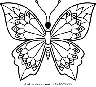 butterfly coloring page kids friendly simple line art cute flying insects with geometric flower mandala design pattern minimal clipart art KDP coloring interior