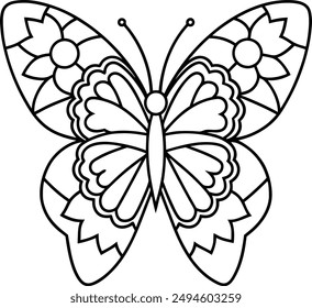 butterfly coloring page kids friendly simple line art cute flying insects with geometric flower mandala design pattern minimal clipart art KDP coloring interior