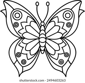 butterfly coloring page kids friendly simple line art cute flying insects with geometric flower mandala design pattern minimal clipart art KDP coloring interior